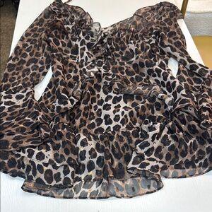 Fashion Nova Brown and Black Ruffled Asymmetrical Blouse